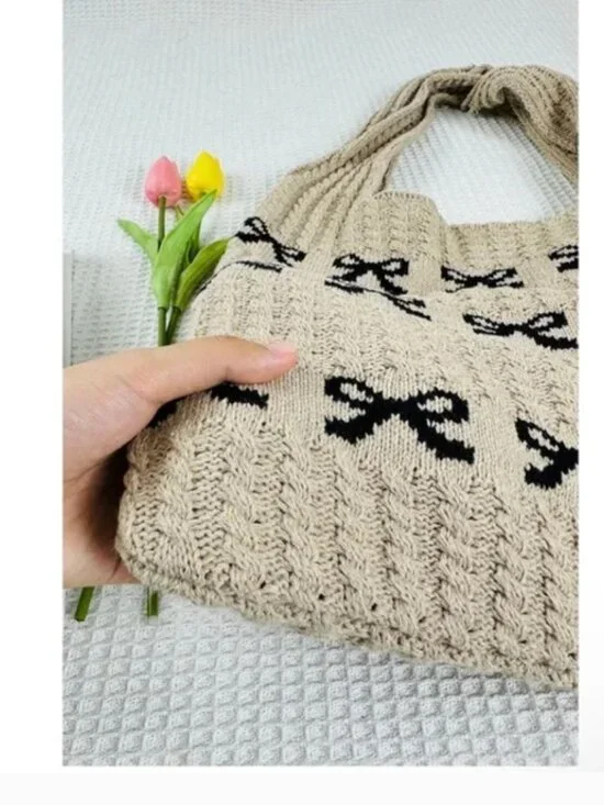 Zenana Coquette Bow Knit Tote Bag Crochet Ribbon Shoulder Bag - Picture 3 of 4